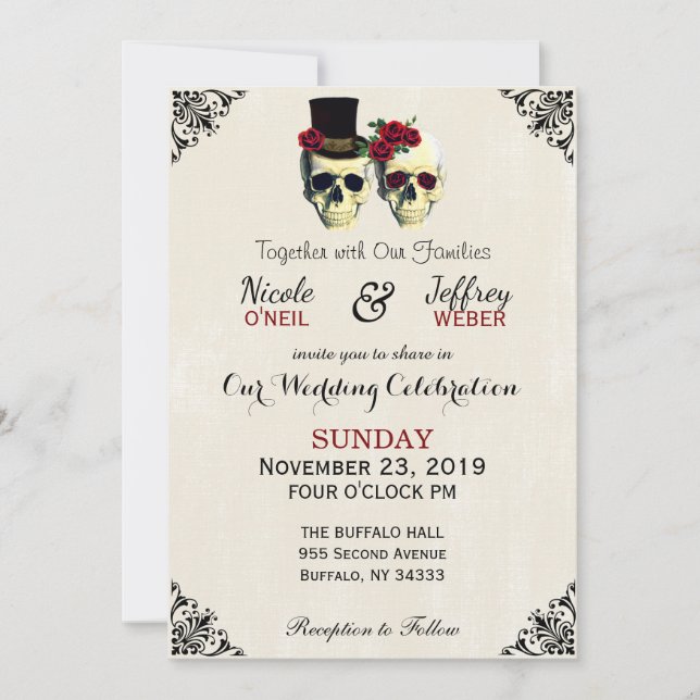 Invitation Mariée et salle de jeu Crâne Goth Rustique Mariage (Devant)