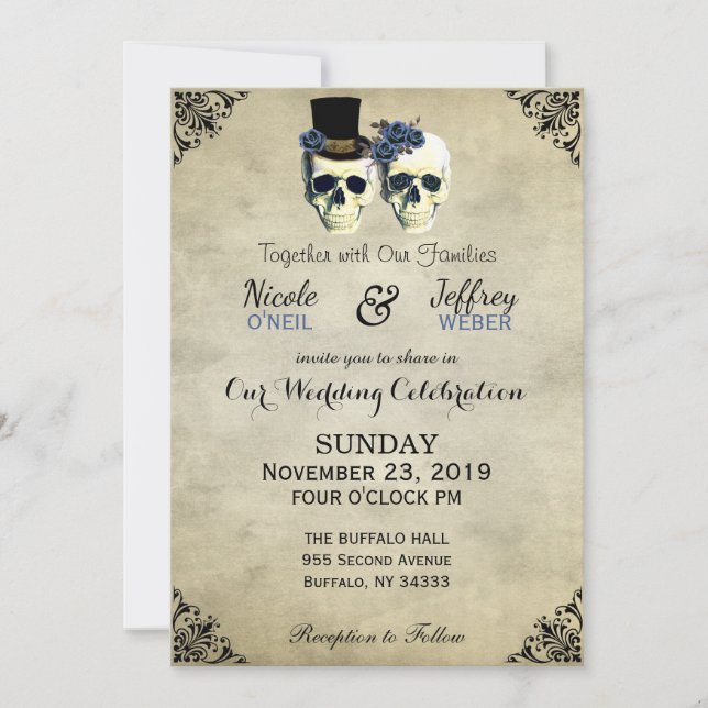 Invitation Mariée et salle de jeu Crâne Goth Rustique Mariage (Devant)