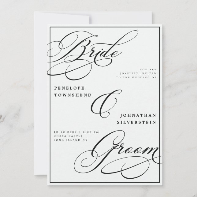 Invitation Mariée & Marié Calligraphie Mariage Noir Blanc (Devant)
