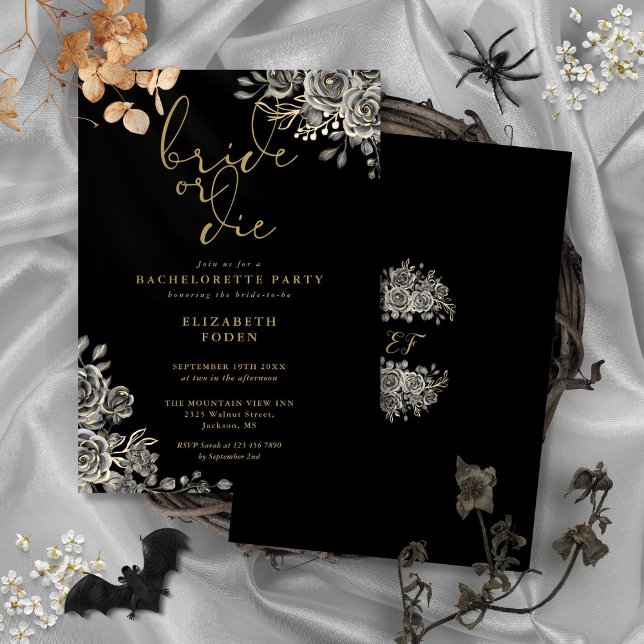 Invitation Mariée Ou Mort Black Gold Gothique Bachelorette (Bride Or Die Black Gold Gothic Bachelorette Party Invitation)
