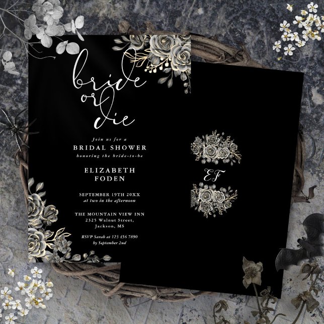 Invitation Mariée Ou Mort Fête des mariées Gothique Noire Et  (Bride Or Die Black And White Gothic Bridal Shower Invitation)