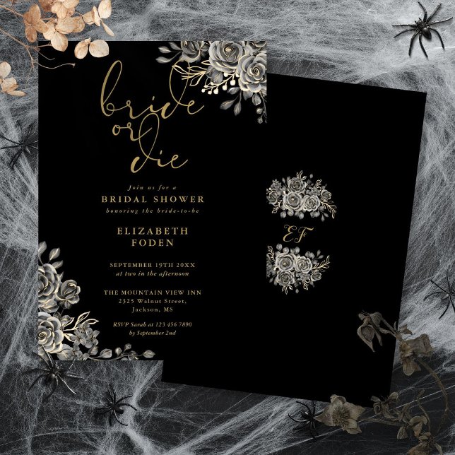 Invitation Mariée Ou Mort Fête des mariées gothique Noire Et  (Bride Or Die Black And Gold Gothic Bridal Shower Invitation)