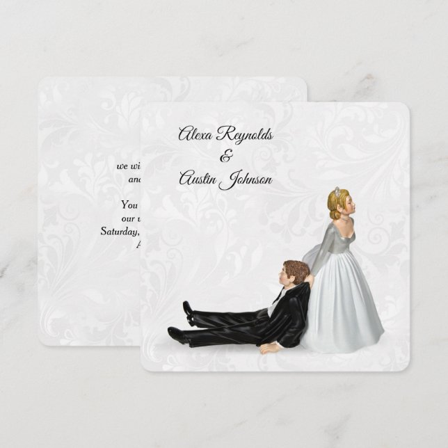 Invitation Mariée traînant le marié humour de mariage (Devant / Derrière)