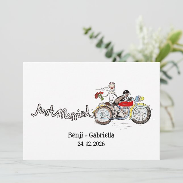 Invitation Mariés à moto pour la soirée de mariage (Debout devant)