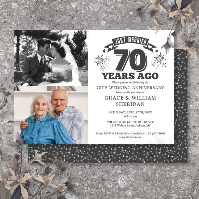 Invitation Mariés à peine 70 ans de mariage 2 Photo (Just Married 70th Wedding Anniversary 2 Photo Invitation)