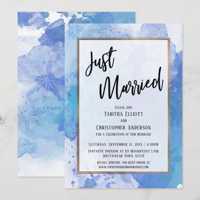 Invitation Mariés à peine Gold Border Abstract Blue Splashes (Devant / Derrière)