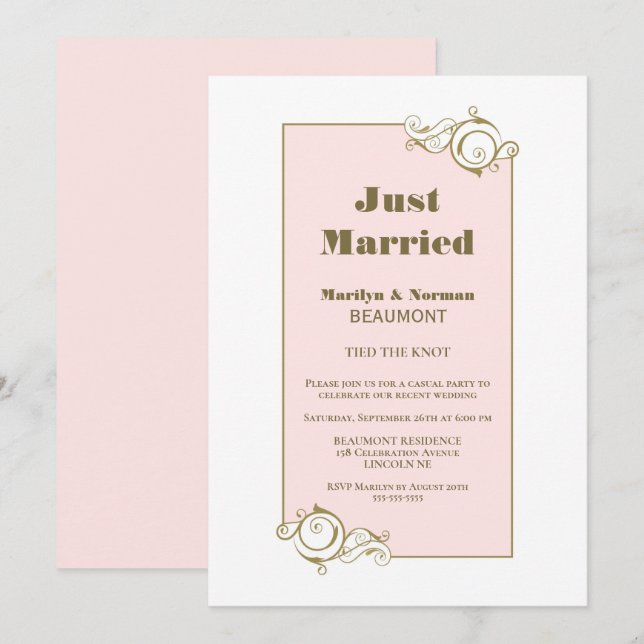 Invitation Mariés à peine Gold Frame Rose Réception de Mariag (Devant / Derrière)