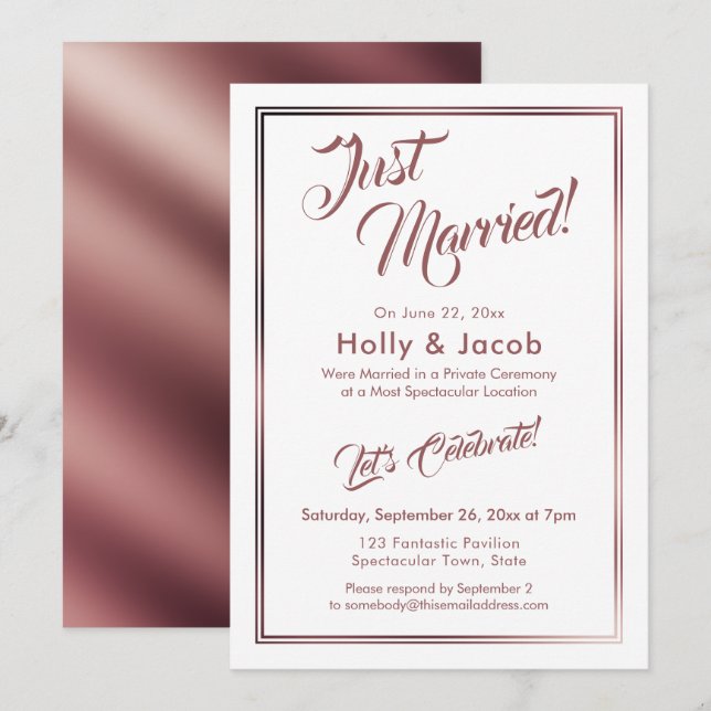 Invitation Mariés aujourd'hui Rose Gold sur Blanc, Réception (Devant / Derrière)
