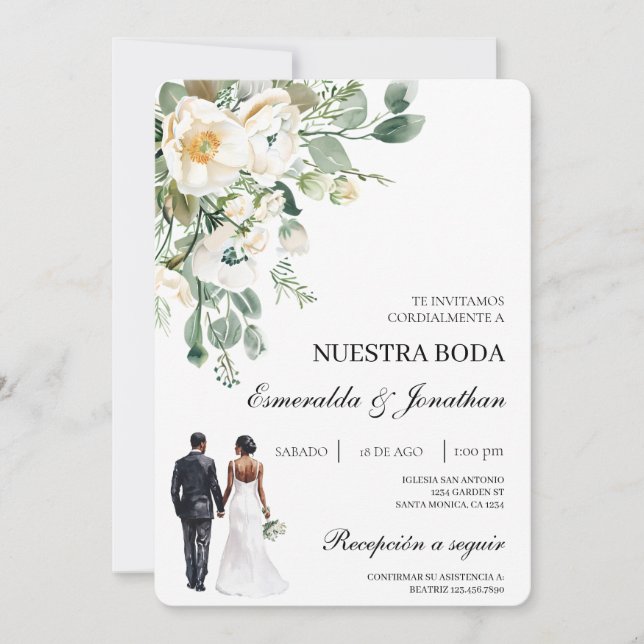 Invitation Mariés botaniques floraux Mariage Espagnol (Devant)