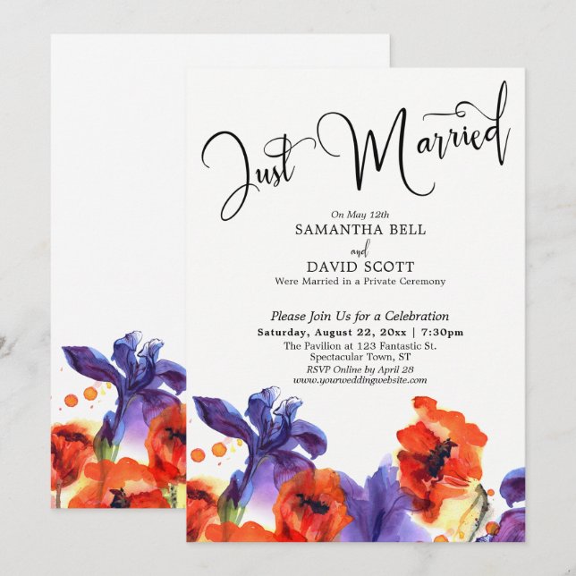 Invitation Mariés, Coquelicots Rouges, Iris Violets Aquarelle (Devant / Derrière)