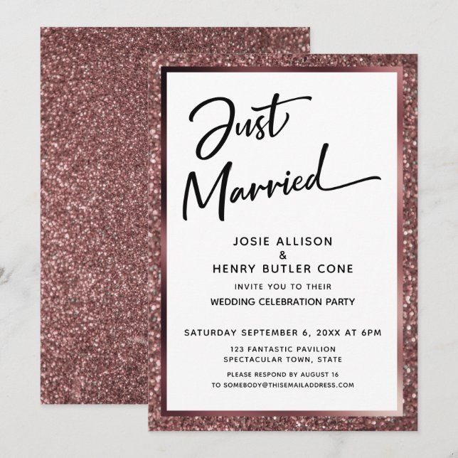Invitation Mariés depuis peu Écriture Rose Or Paillettes Réce (Devant / Derrière)