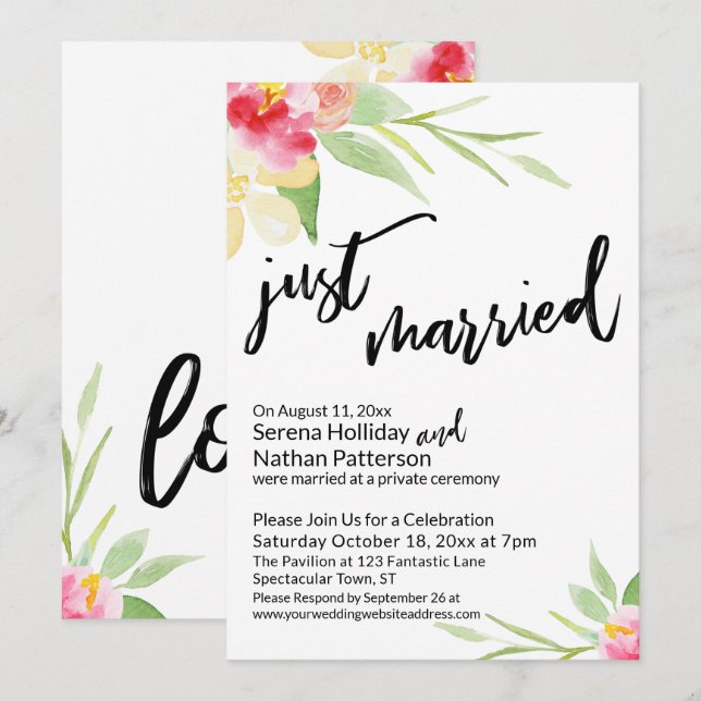 Invitation Mariés depuis peu Typographie décontractée, Fleurs (Devant / Derrière)