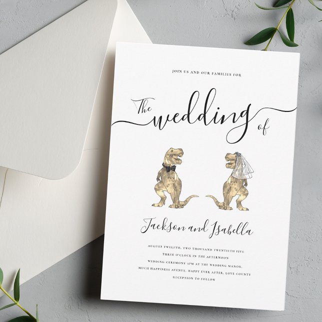 Invitation Mariés dinosaures Mariage noir et blanc (Dinosaur bride and groom elegant modern script black and white destination wedding invitation )