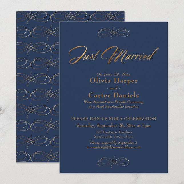 Invitation Mariés Élégant Calligraphie Or sur Fond Bleu Marin (Devant / Derrière)