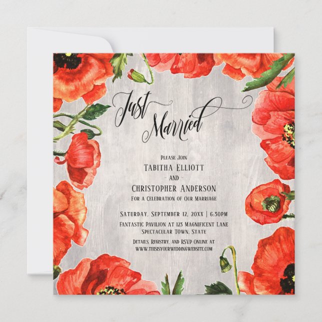 Invitation Mariés Floraison de Coquelicots Rouges sur Bois -  (Devant)