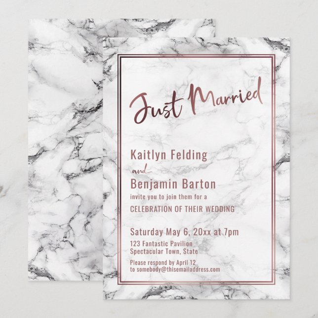 Invitation Mariés Moderne, Rose Gold, Marbre Audacieux (Devant / Derrière)
