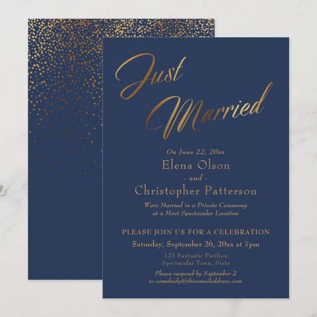 Invitation Mariés Navy & Or Script Confettis Réception (Devant / Derrière)