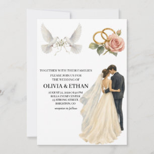 Invitation Mariés Romantiques & Colombes Rose Mariage