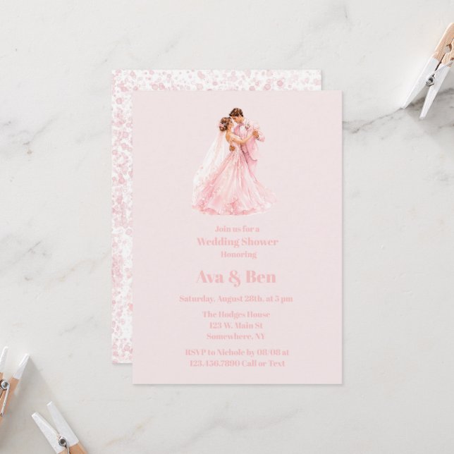 Invitation Mariés rose danse Mariage Shower (Devant/Arrière en situation)