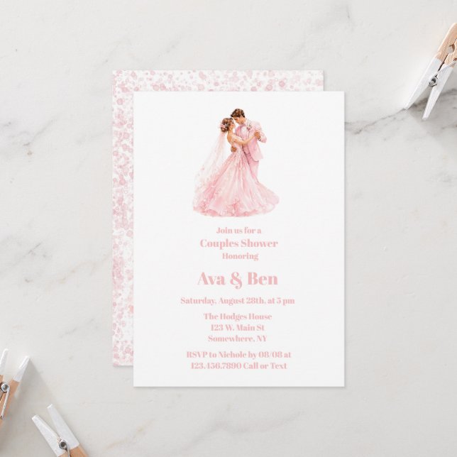 Invitation Mariés rose et couple dansant Shower (Devant/Arrière en situation)