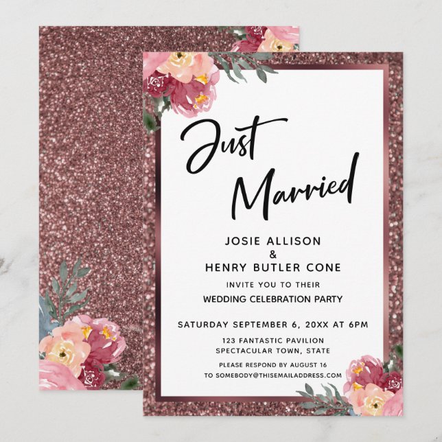 Invitation Mariés Rose Gold Pailleté et Fleurs (Devant / Derrière)