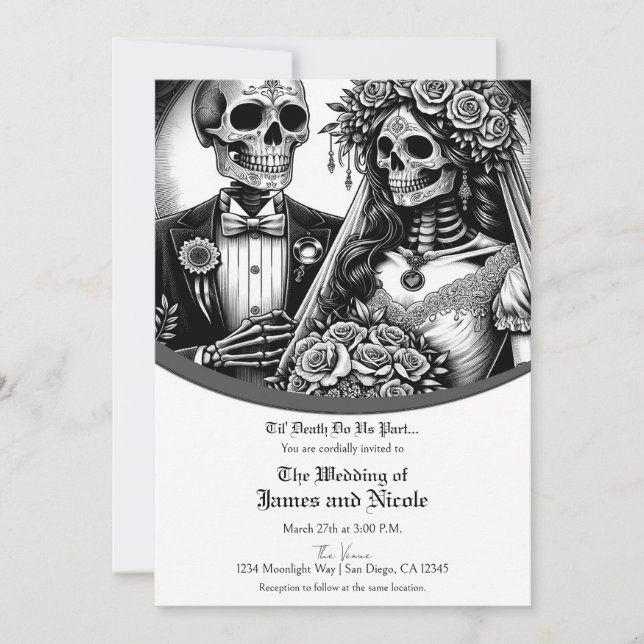 Invitation Mariés squelettes noir et blanc de mariage (Devant)