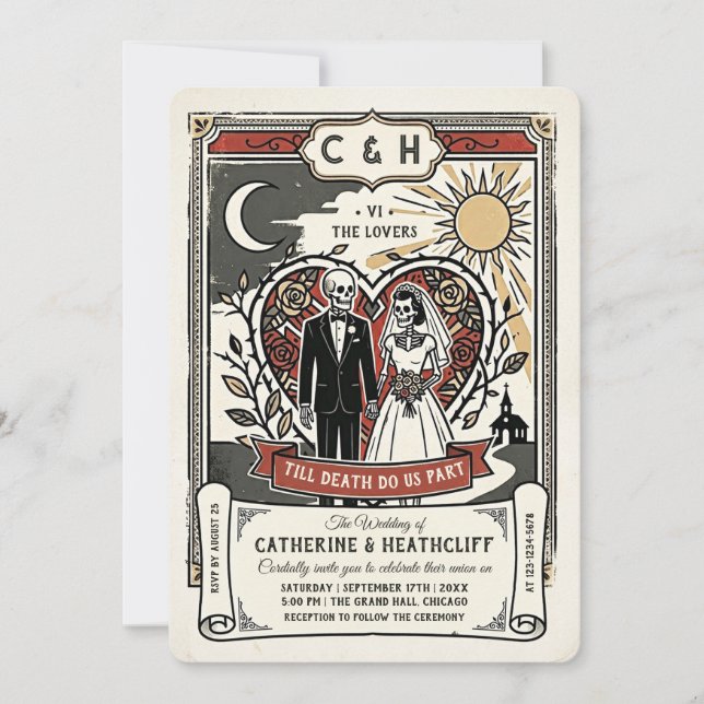 Invitation Mariés squelettes rétro | Mariage Tarot (Devant)