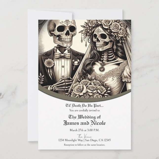 Invitation Mariés squelettes robe blanche et costume bronzé d (Devant)