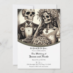Invitation Mariés squelettes robe blanche et costume bronzé d