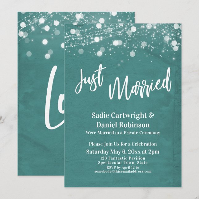 Invitation Mariés Texturé Juste Mariés Bleu Turquoise Récepti (Devant / Derrière)