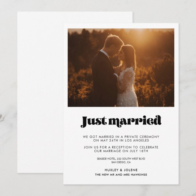 Invitation Mariés tout juste script rétro vintage annonce (Devant / Derrière)