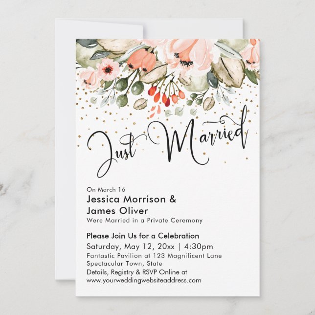 Invitation Mariés Typography Blush Floral Or Confettis (Devant)