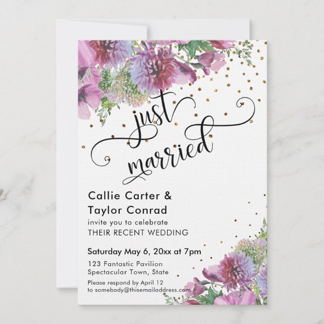 Invitation Mariés Typography Fleur Sauvage Confettis Dorés (Devant)