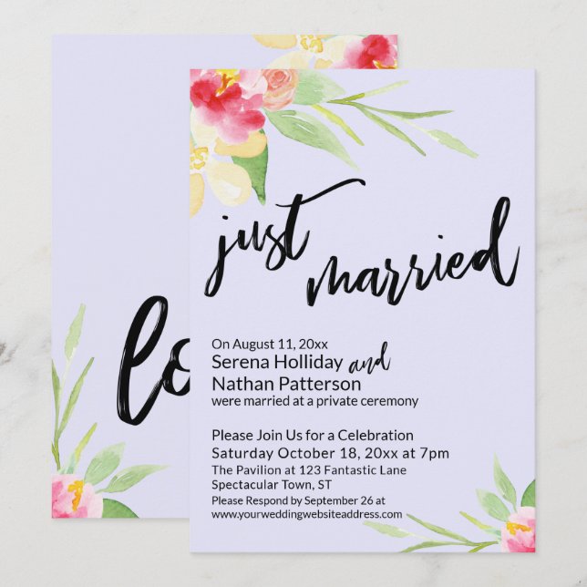 Invitation Mariés Typography Floral Aquarelle Lavande (Devant / Derrière)