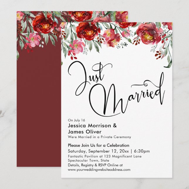 Invitation Mariés Typography Rouge Bourgogne Floral (Devant / Derrière)
