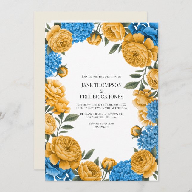 Invitation Marigold and French Blue Watercolor Floral Wedding (Devant / Derrière)