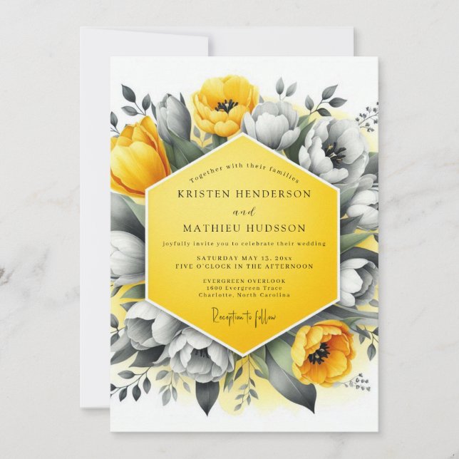 Invitation Marigold Charcoal Bloom Wedding (Devant)