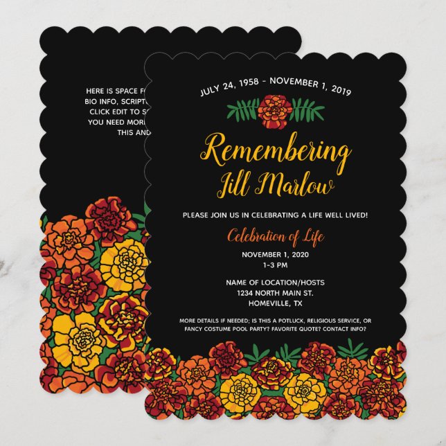 Invitation Marigold Floral Memorial Service Celebration Black (Devant / Derrière)