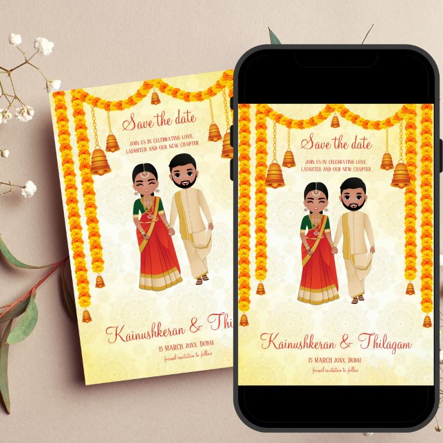 Invitation Marigold garlands cloches Tamil Telugu enregistrer (South Indian Tamil wedding save the date editable template invitation digital download cute couple)