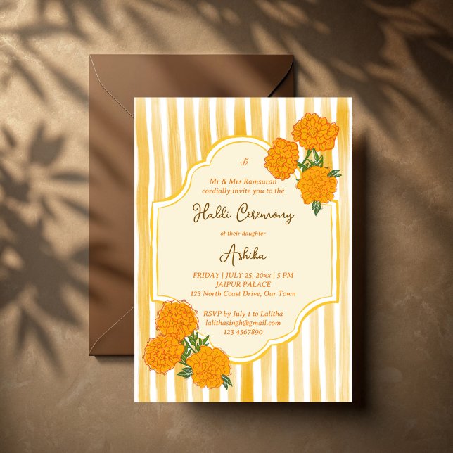Invitation Marigolds rayures jaunes mariage indien haldi (Marigolds yellow stripes Haldi Indian wedding Invitation)
