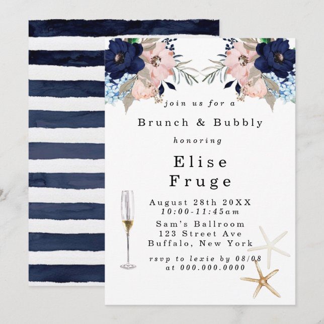 Invitation Marina Nautical Blooms Brunch & Bubbly (Devant / Derrière)