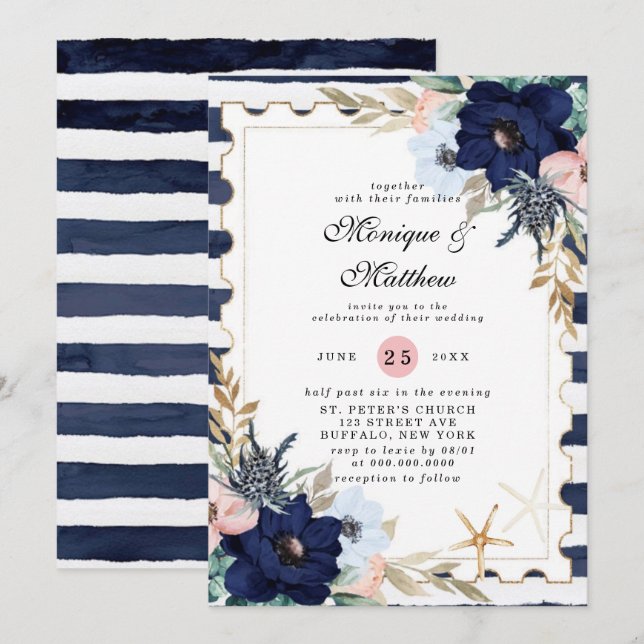 Invitation Marina Nautique Floroms Marine Blush Pink Mariage (Devant / Derrière)