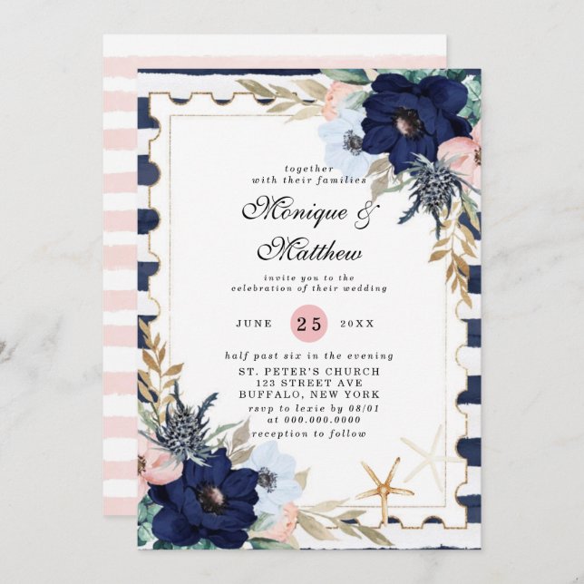Invitation Marina Nautiques Flores Marine Blush rose Mariage  (Devant / Derrière)
