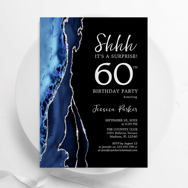 Invitation Marine Agate Argent Noir Surprise 60e anniversaire (Créateur téléchargé)