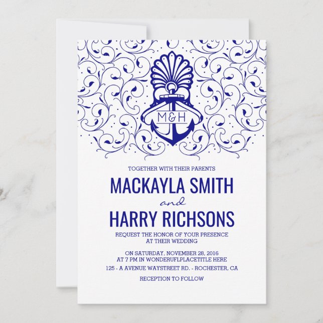 Invitation Marine Ancre Nautical Beach Mariage (Devant)