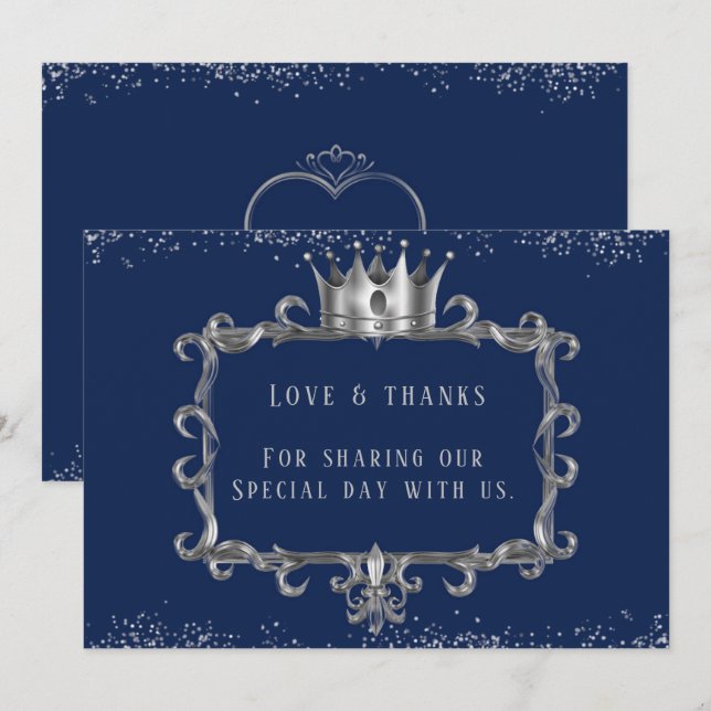 Invitation Marine Argent Frame Royal Crown Love & Thanks (Devant / Derrière)