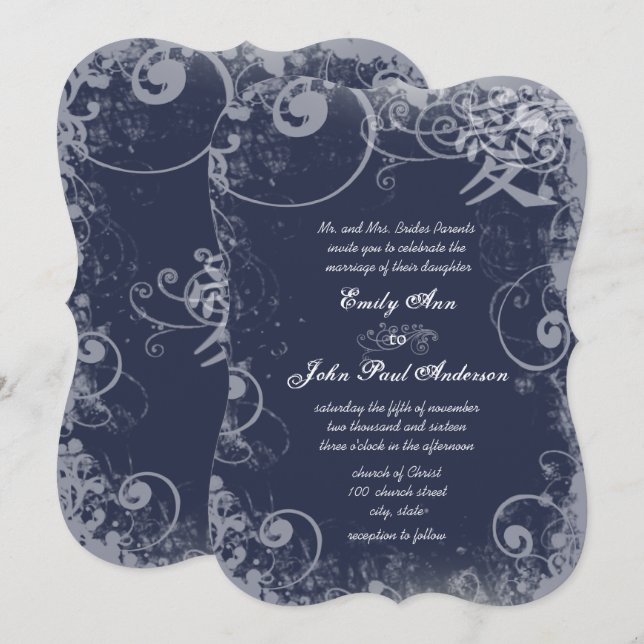 Invitation Marine Argent métallique Kanji Love Swirl (Devant / Derrière)