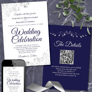 Invitation Marine & Argent sur blanc Elegant Code QR Mariage