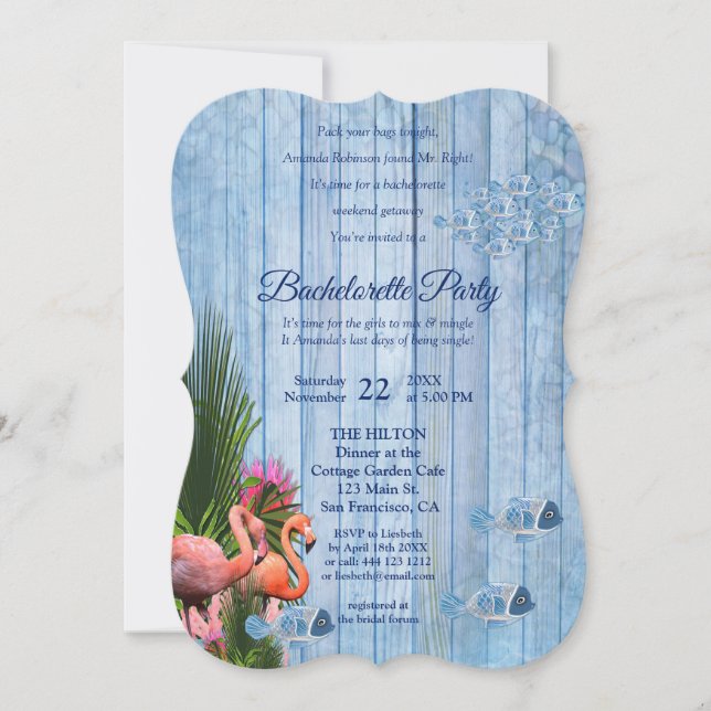 Invitation Marine - Bachelorette Flamants roses bleu et rose (Devant)