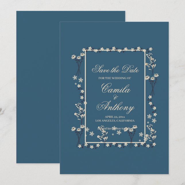 Invitation Marine Blanc Floral Bordure Mariage Enregistrer La (Devant / Derrière)